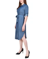 Petite 3/4 Roll Tab Sleeve Denim Dress