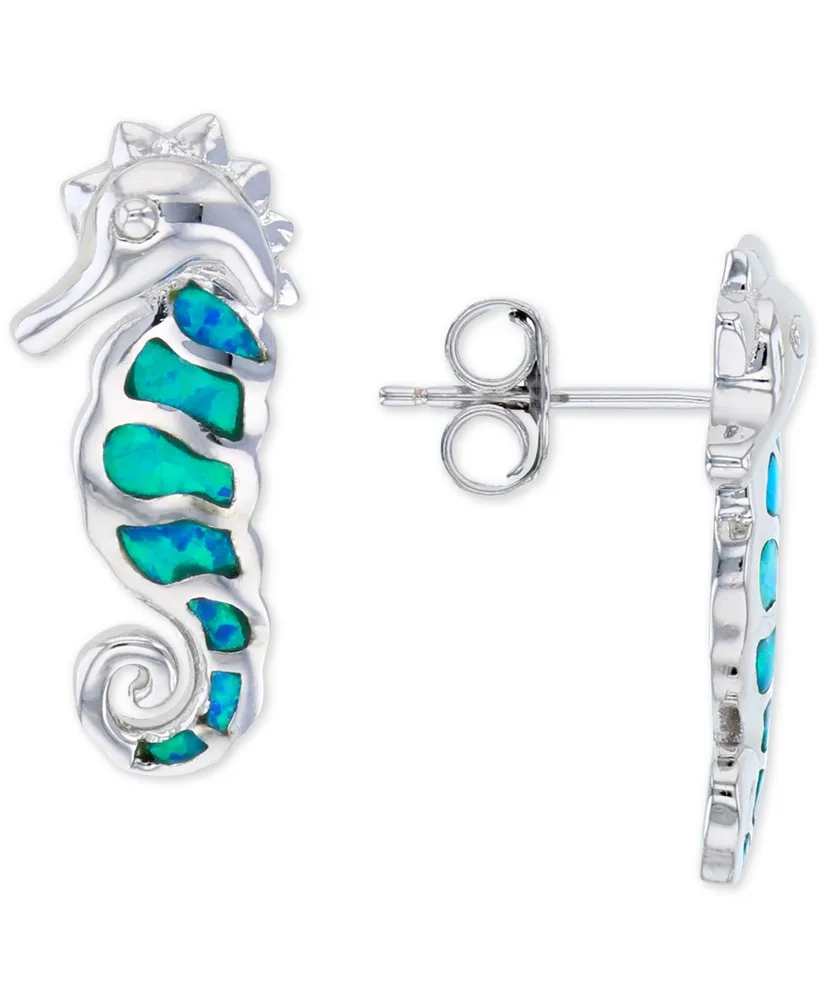 Lab-Grown Blue Opal Seahorse Stud Earrings in Sterling Silver