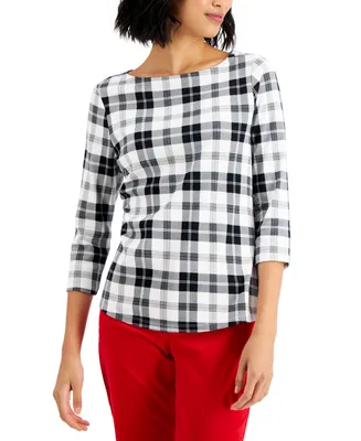 Charter Club Petite Cotton Plaid Boat-Neck Top, Created for Macy's