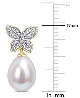 Cultured Freshwater Pearl (8-1/2mm) & Diamond (1/8 ct. t.w.) Butterfly Stud Earrings in 14k Gold