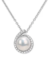 Cultured Freshwater Pearl (8mm) & Diamond Accent Halo 18" Pendant Necklace in Sterling Silver