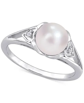 Cultured Freshwater Pearl (7mm) & Diamond Accent Heart Shoulder Ring Sterling Silver