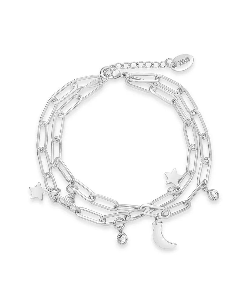 Women's Cubic Zirconia Moon and Star Double Chain Bracelet