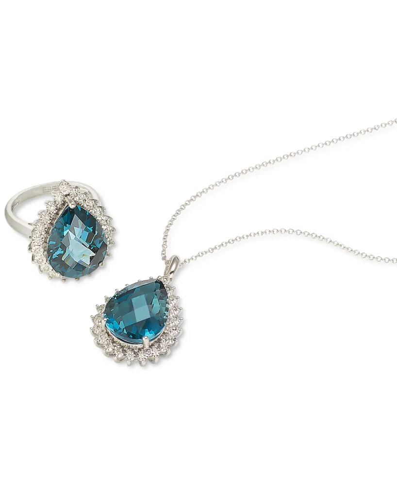 Effy London Blue Topaz (12-7/8 ct. t.w.) & Diamond (1/5 ct. t.w.) 18" Pendant Necklace in 14k White Gold