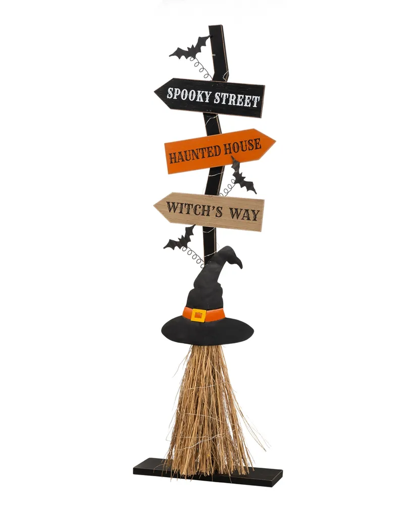 Glitzhome 42" H Lighted Wooden Witch's Broom Porch Decor