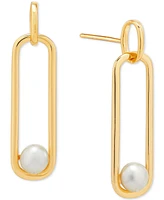 Cultured Freshwater Button Pearl (5mm) Paperclip Drop Earrings Sterling Silver or 14K Yellow Gold Over