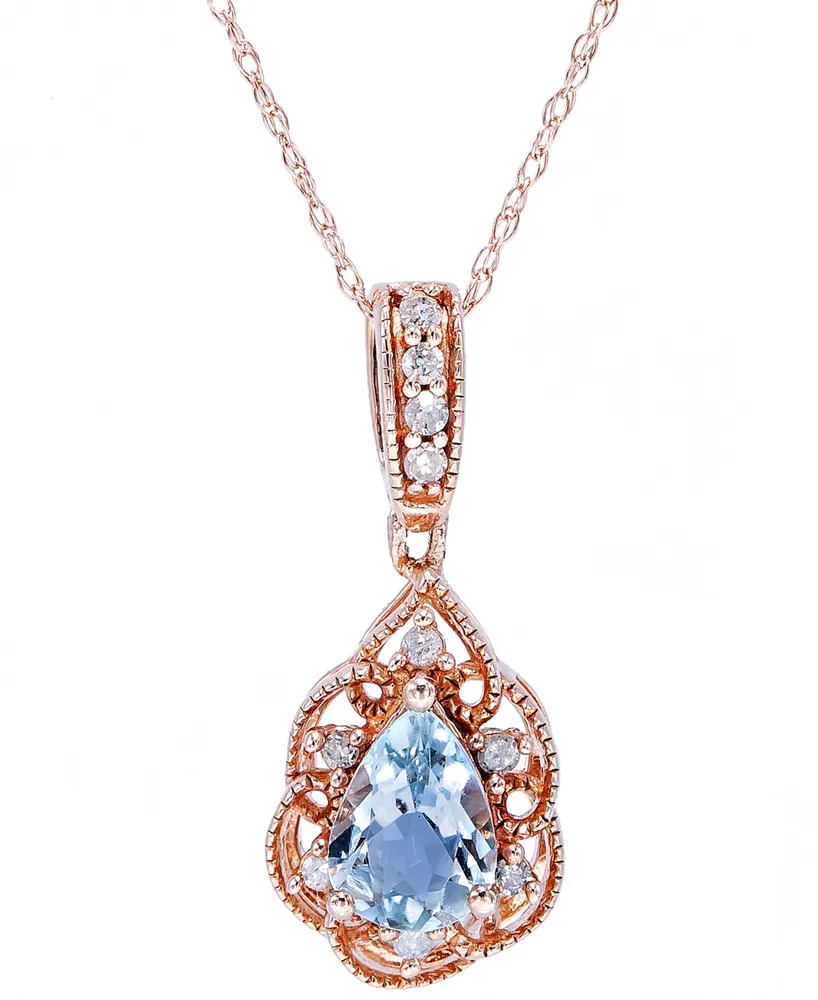 Aquamarine (1/2 ct. t.w.) & Diamond (1/10 ct. t.w.) Teardrop 18" Pendant Necklace in 14k Rose Gold-Plated Sterling Silver