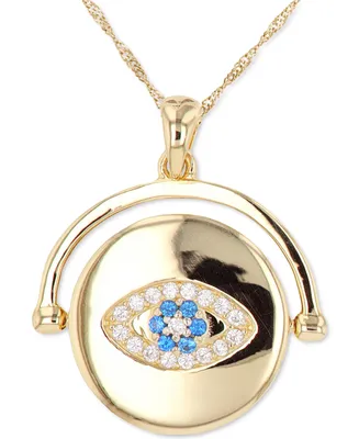 Lab-Grown Blue Spinel (1/8 ct. t.w.) Cubic Zirconia Evil Eye Disc Pendant Necklace in 14k Gold-Plated Sterling Silver, 18" + 2" extender