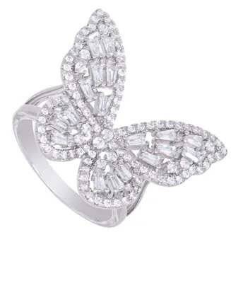 Cubic Zirconia Baguette and Round Stone Butterfly Ring in Silver Plate