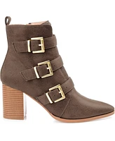 Journee Collection Women's Winsley Buckle Strap Stacked Block Heel Booties