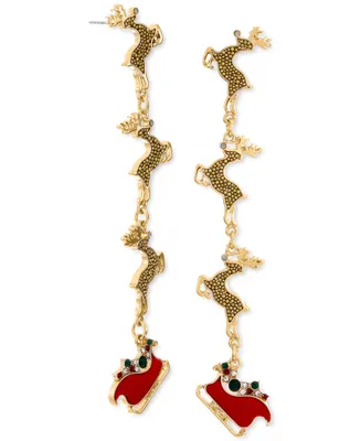 Holiday Lane Gold-Tone Multicolor Crystal Reindeer & Sleigh Linear Drop Earrings, Created for Macy's