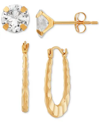 2-Pc. Set Cubic Zirconia Stud & Ruffle Oval Hoop Earrings in 10k Gold