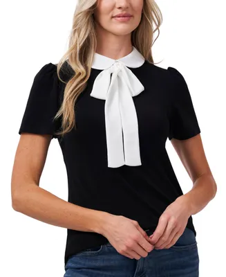 CeCe Women's Short Sleeve Collared Bow Neck Knit Top