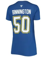 Women's Jordan Binnington Blue St. Louis Blues Team Authentic Stack Name and Number V-Neck T-shirt