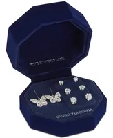 4-Pc. Set Cubic Zirconia Stud & Butterfly Drop Earrings in Silver Plate
