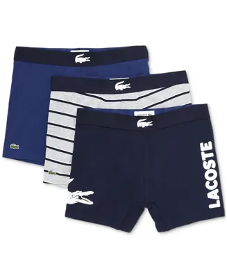 Lacoste Men's Casual Stretch Boxer Brief Set, 3 Pack - Navy Blue, White-Silver