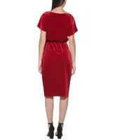 kensie Stretch-Velvet Boatneck Tie-Waist Sheath Dress