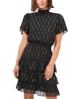 Msk Printed Tiered Smocked-Waist Flutter-Sleeve Dress