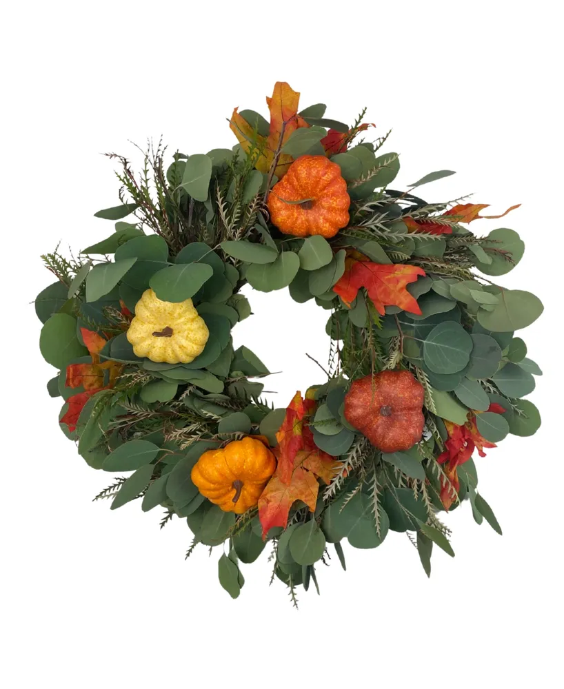 GreenishBlu Silver-tone Eucalyptus, Grevillia and Pumpkins Fresh Fall Wreath