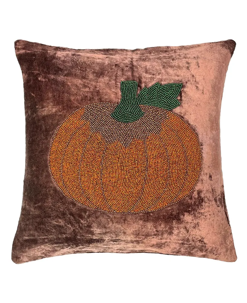 Mod Lifestyles Pumpkin Velvet Beaded Embroidery Harvest Decorative Pillow, 18" Square