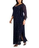 Connected Plus Sheer-Sleeve Lace Gown