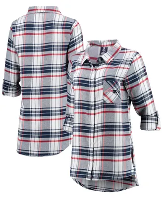Women's Navy, Red New England Patriots Accolade Flannel Long Sleeve Button-Up Nightshirt
