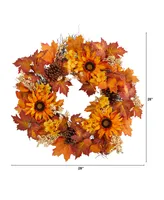 28" Autumn Maple Leaves, Sunflower, White Berries and Pinecones Artificial Fall Wreath