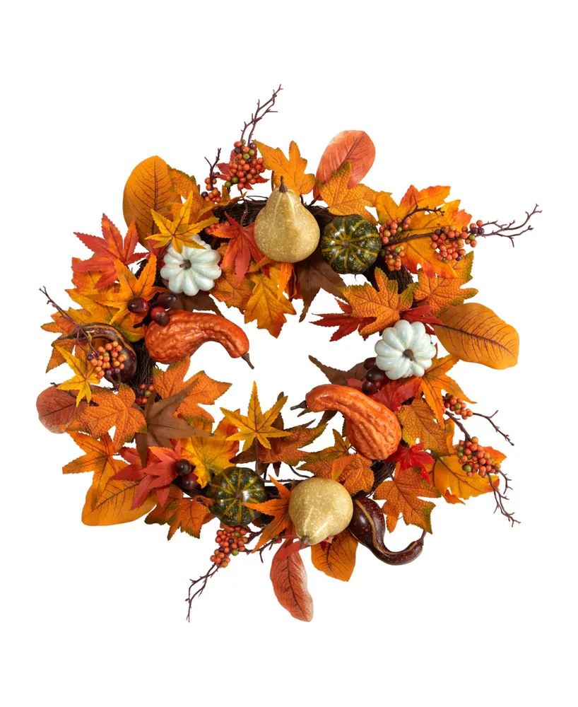 24" Autumn Pumpkin, Gourd and Berries in Assorted Colors Artificial Fall Wreath