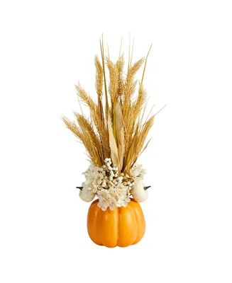 21" Autumn Dried Wheat and Pumpkin Artificial Fall Arrangement in Decorative Pumpkin Vase
