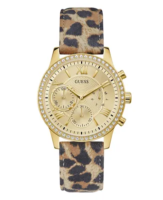 Guess Women's Gold-Tone Glitz Animal Print Genuine Leather Strap Multi-Function Watch, 40mm
