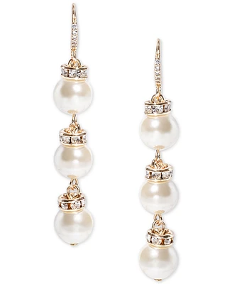 Charter Club Gold-Tone Pave Rondelle Bead & Imitation Pearl Triple Drop Earrings, Created for Macy's