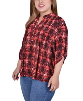 Ny Collection Plus 3/4 Roll Tab Sleeve Y-Neck Top