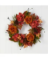 25" Fall Ranunculus, Hydrangea and Berries Autumn Artificial Wreath