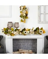 5' Fall Sunflower, Hydrangea and White Pumpkin Artificial Autumn Garland