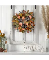 22" Autumn Hydrangea, Dried Lotus Pod Artificial Fall Wreath