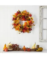 24" Autumn Maple Leaf and Berries Artificial Fall Wreath with Twig Base