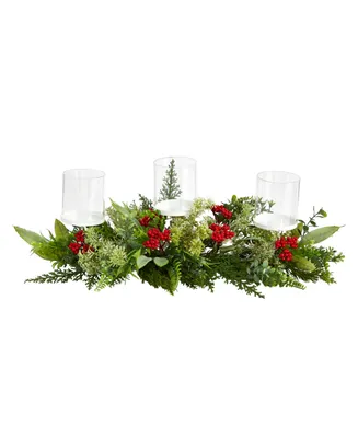 Holiday Winter Greenery and Berries Triple Candle Holder Artificial Christmas Table Arrangement, 20"