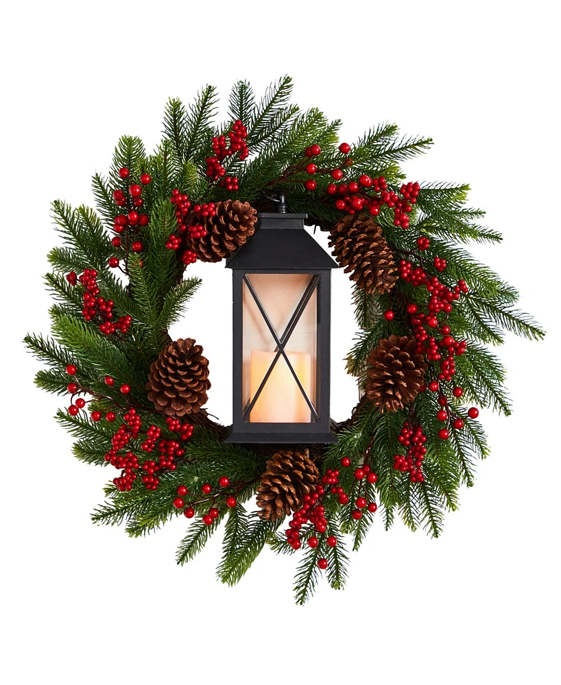 Berries and Pine Artificial Christmas Wreath with Lantern and included Led Candle, 28"