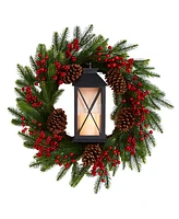 Berries and Pine Artificial Christmas Wreath with Lantern and included Led Candle, 28"