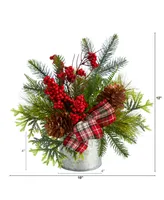 Holiday Winter Pinecones, Berries, Greenery and Plaid Bow Artificial Christmas Table Arrangement, 12"