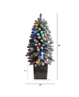 Flocked Highland Fir Artificial Christmas Tree with 127 Bendable Branches and 20 Led Globe Lights in Decorative Planter, 3'