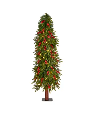 Victoria Fir Artificial Christmas Tree with Multi-Color Lights, Berries and Bendable Branches, 5'