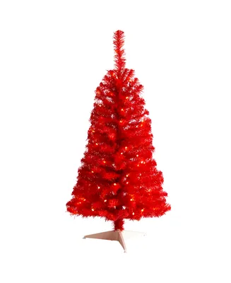 Red Artificial Christmas Tree with 50 Led Lights and 118 Bendable Branches, 3'