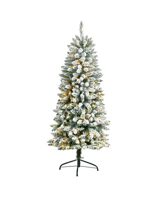 Slim Flocked Montreal Fir Artificial Christmas Tree with Warm Led Lights and Bendable Branches