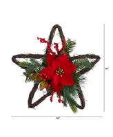 Holiday Christmas Poinsettia Star Twig Wreath, 16"