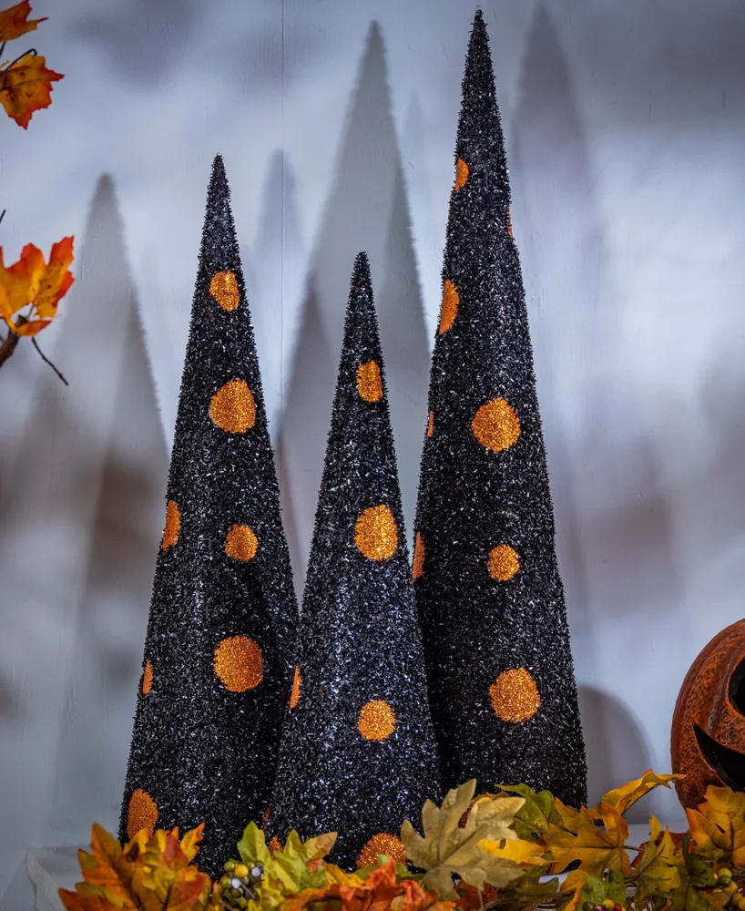 Gerson International Assorted Glitter Halloween Cone Trees Set, 3 Pieces