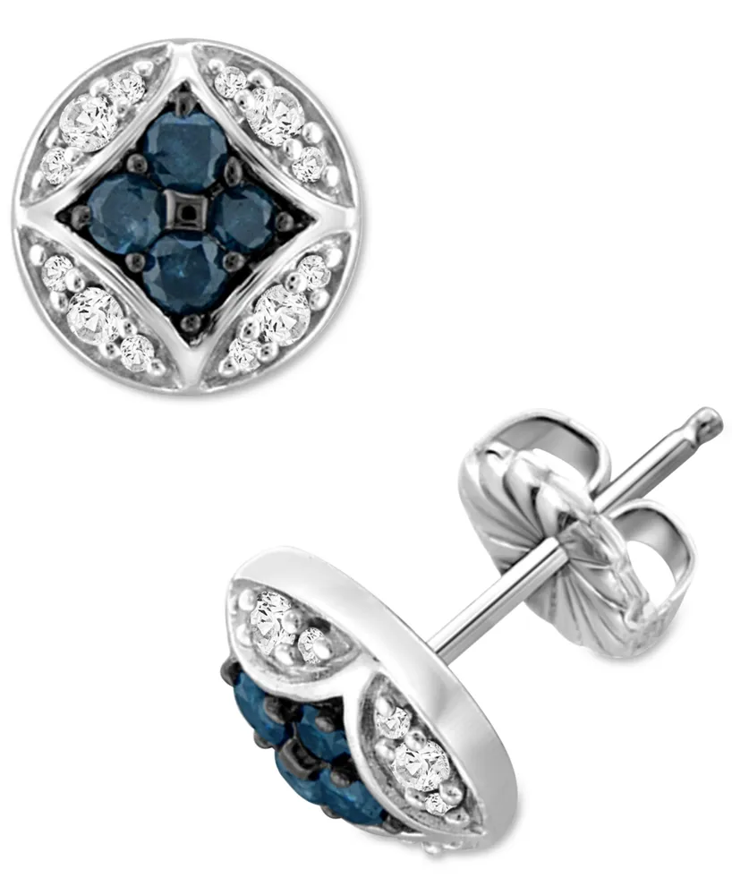 Blue Diamond (1/3 ct. t.w.) & White Diamond (1/6 ct. t.w.) Cluster Stud Earrings in Sterling Silver