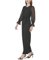 Calvin Klein Crewneck Chiffon Flare-Leg Jumpsuit