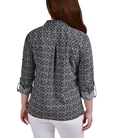 Petite 3/4 Sleeve Roll Tab Notch Collar Blouse