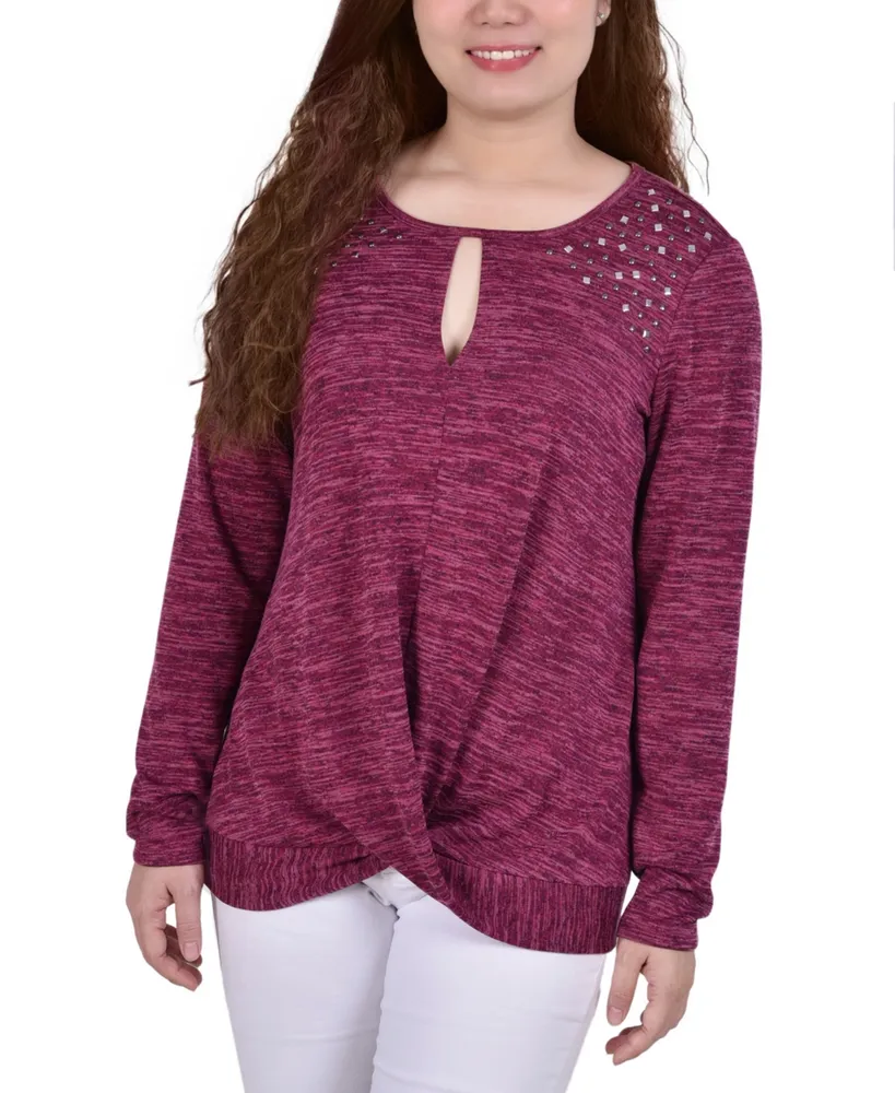 Petite Long Sleeve Knit Keyhole Top